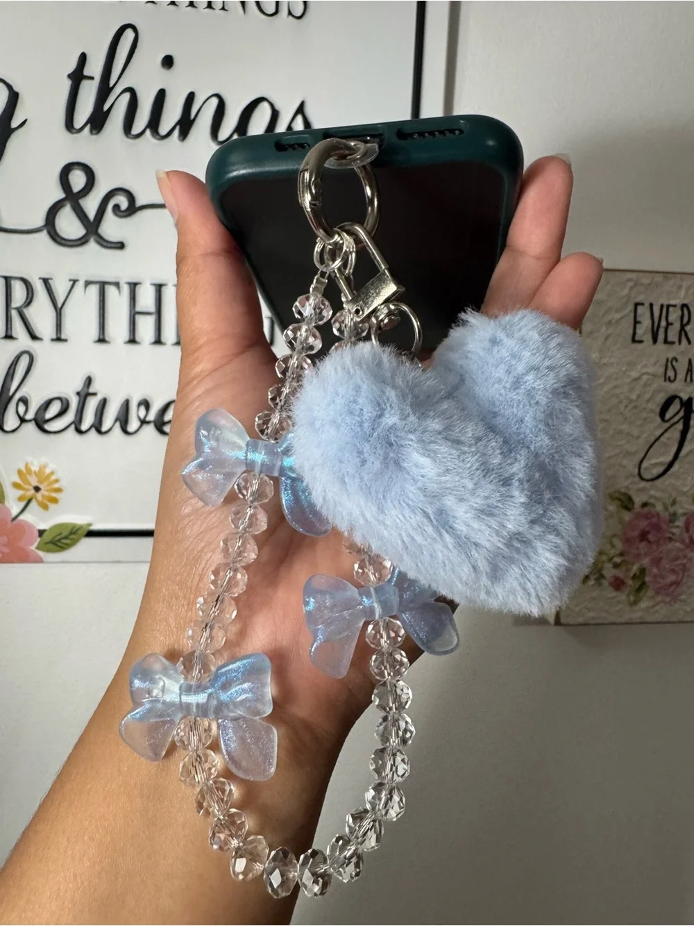 Bling Bling Crystal with Blue Bow & Fluffy Heart Phone/Key/Bag Chain #P1107